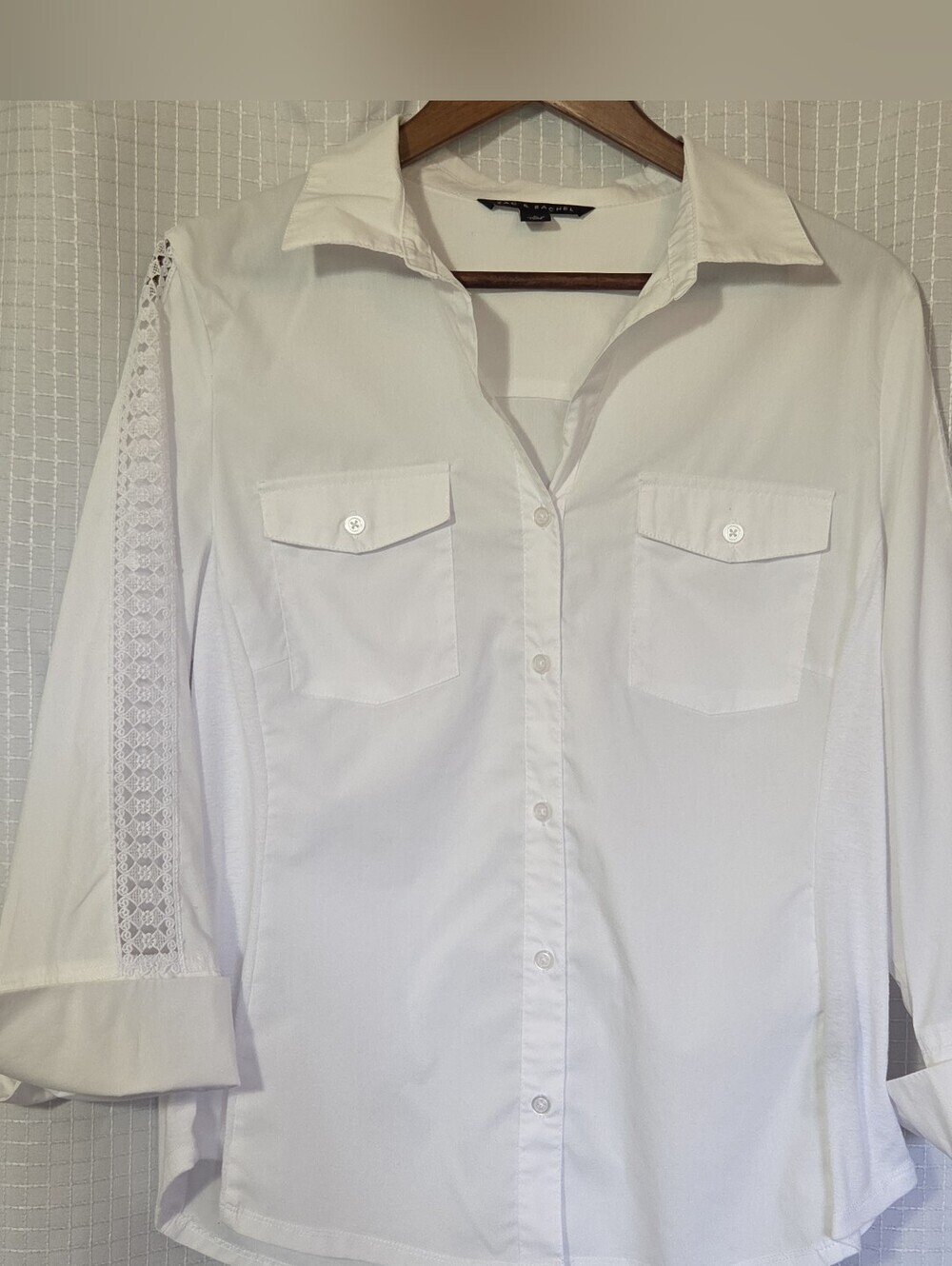 Zac And Rachel Woman White Button Up Shirt 3/4 Sleeve Accented Cuffs Size L